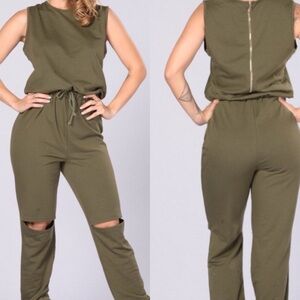 Olive Green Busted Knee Sleeveless Jumpsuit